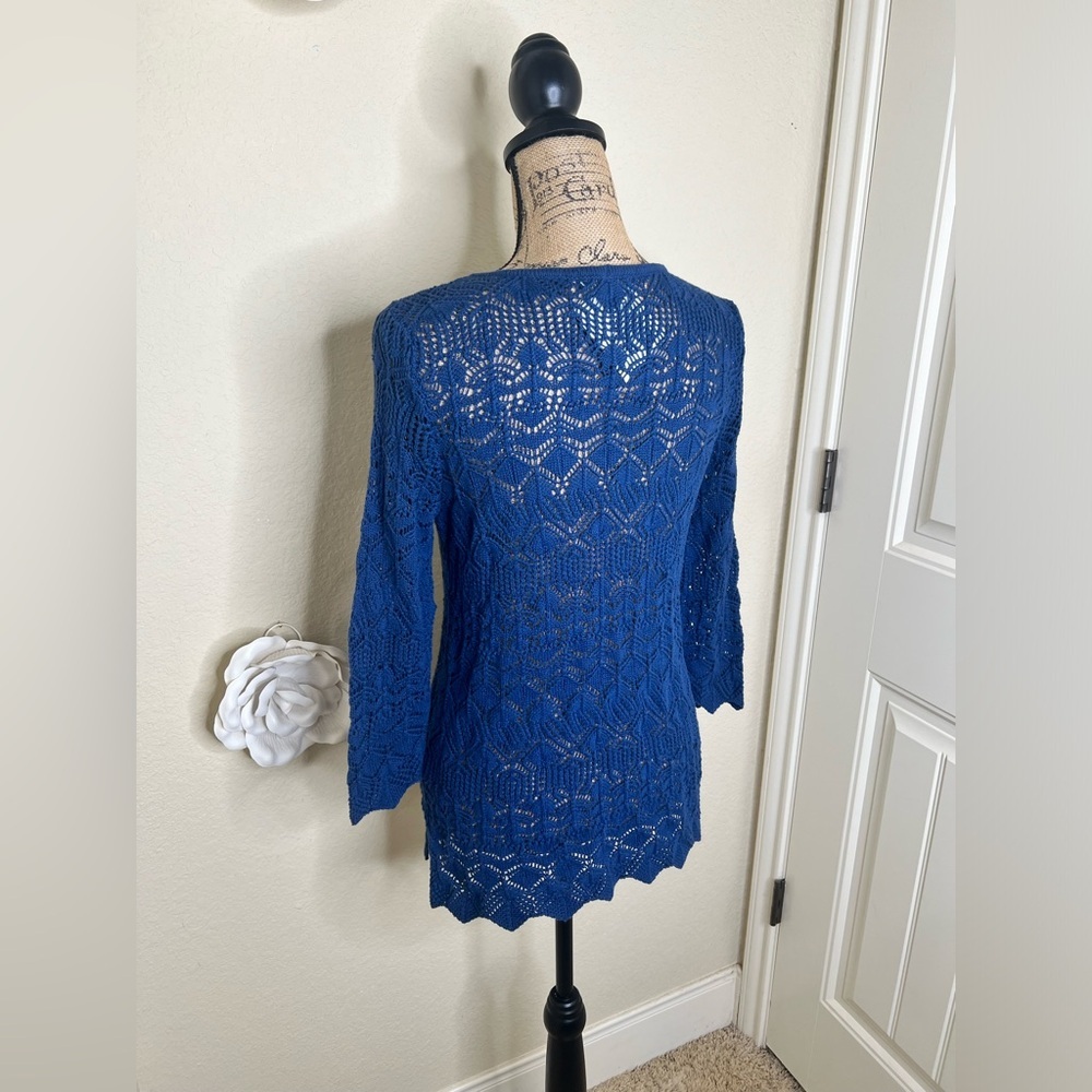NTM Jeanne Pierre Blue Crochet Pullover Sweater NWT Scoop Neck 3/4 Sleeve Small - Picture 13 of 15